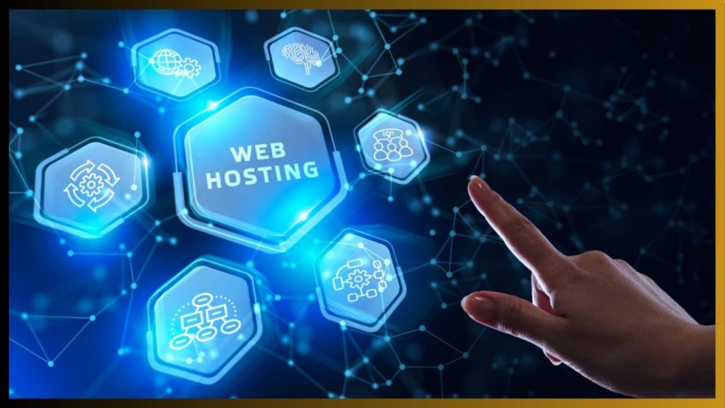 A finger pointing toward a glowing hexagonal "WEB HOSTING" button surrounded by digital networking icons