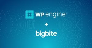 WP Engine and Big Bite logos centered on a blue gradient background with a plus sign between them
