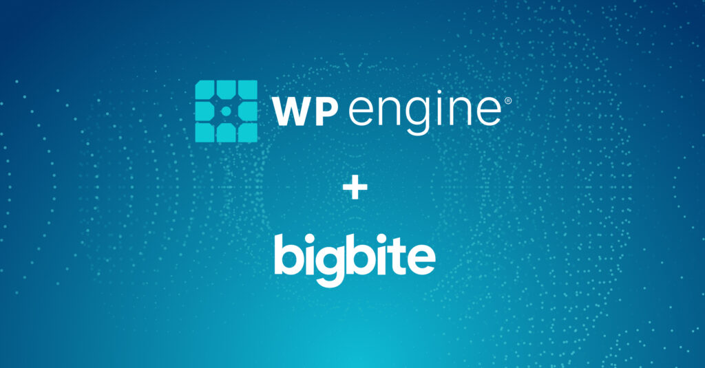 WP Engine and Big Bite logos centered on a blue gradient background with a plus sign between them